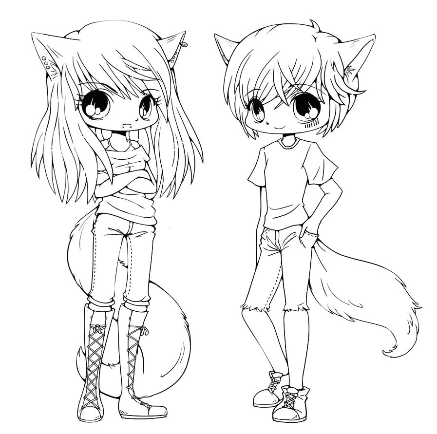 Cute Anime Cat People Friends Coloring Page