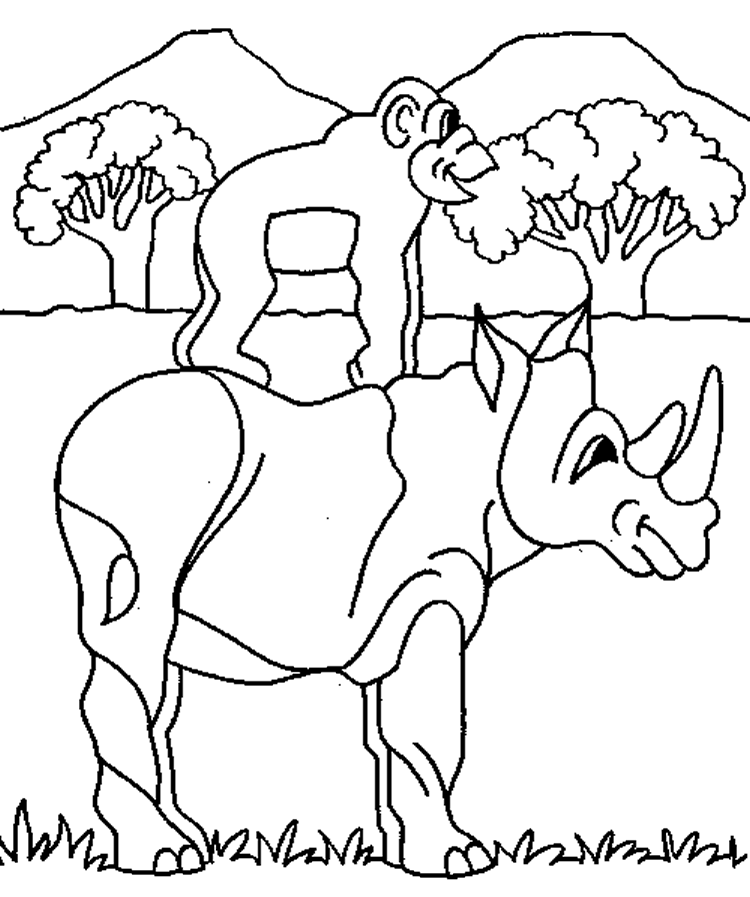 Wild Animal Coloring Pages Rhino and Monkey