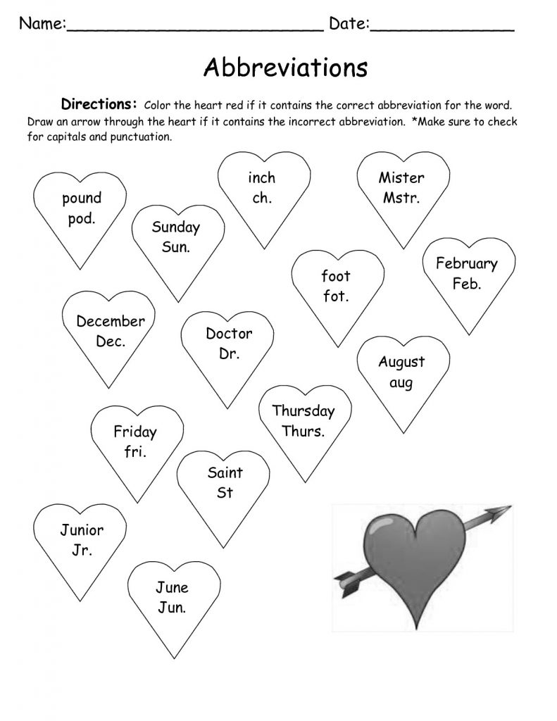 Abbreviations Valentines Holiday Worksheet