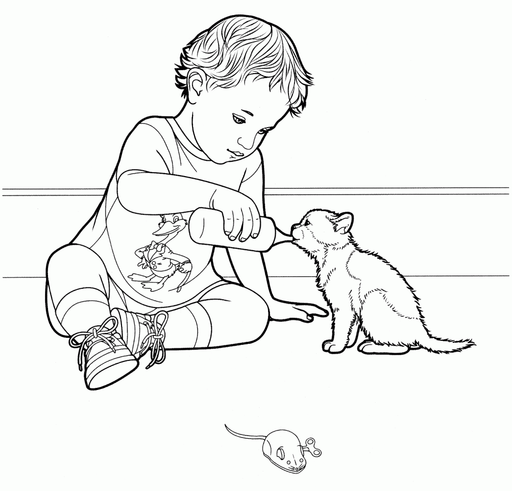 Child Feeding Kitten Coloring Page