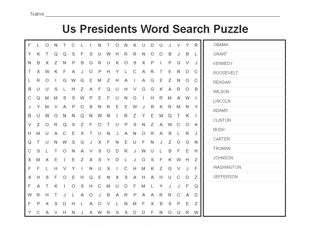 US Presidents Day Word Search