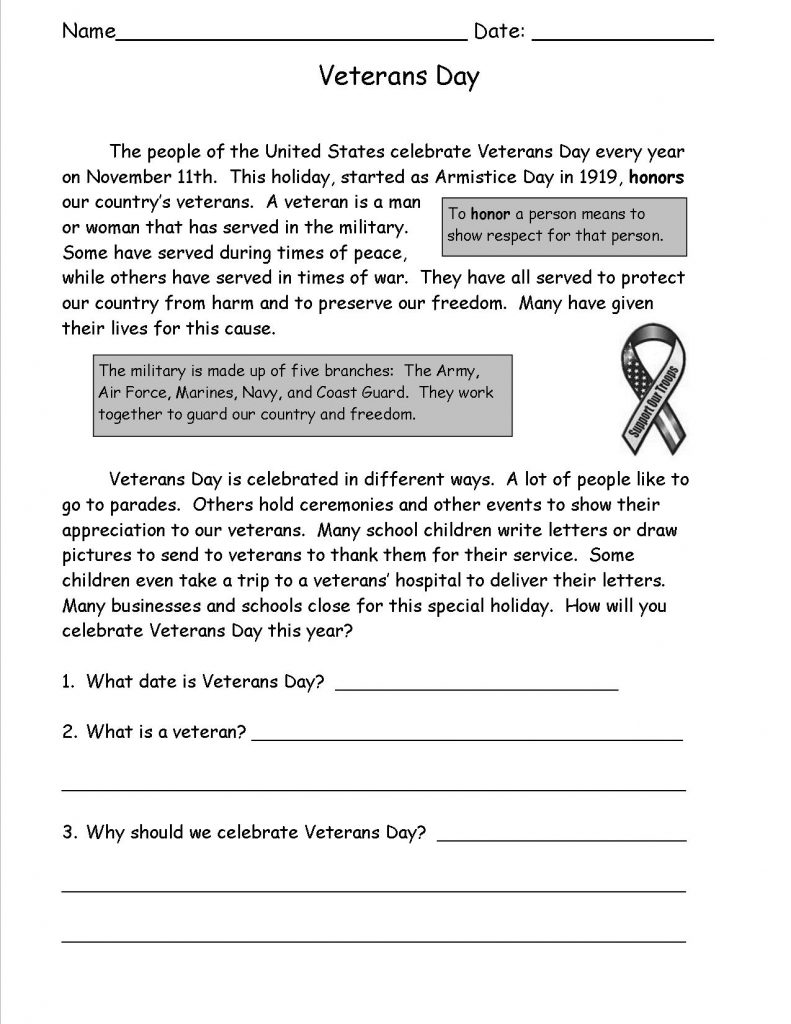 Veterans Day Holiday Worksheets
