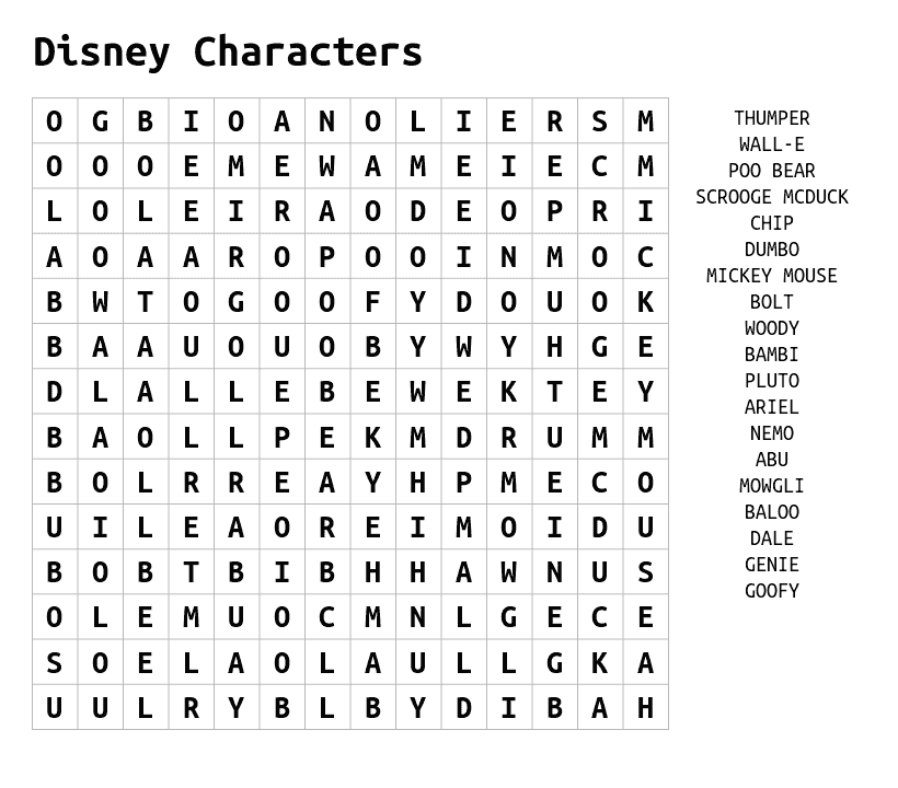 Disney Characters Word Search