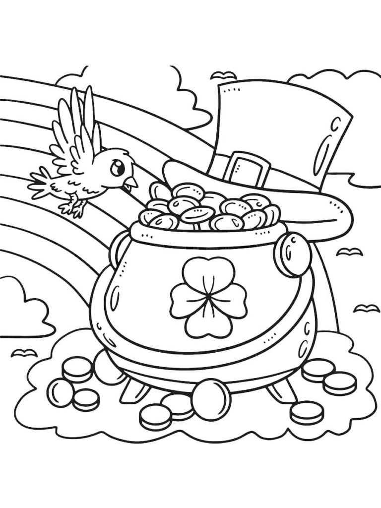 Pot Of Gold With Shamrock Coloring Page