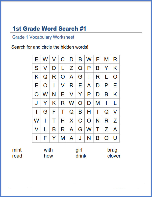 1st Grade Word Search Vocabulary Worksheet