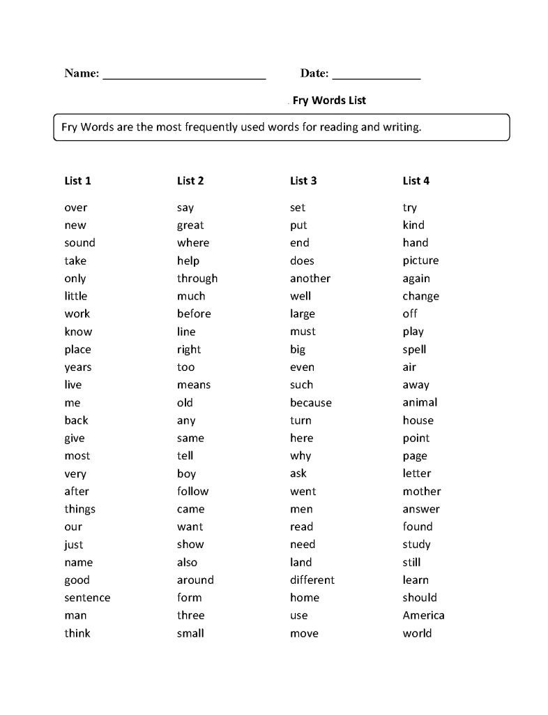 2nd Grade Fry Spelling Words List