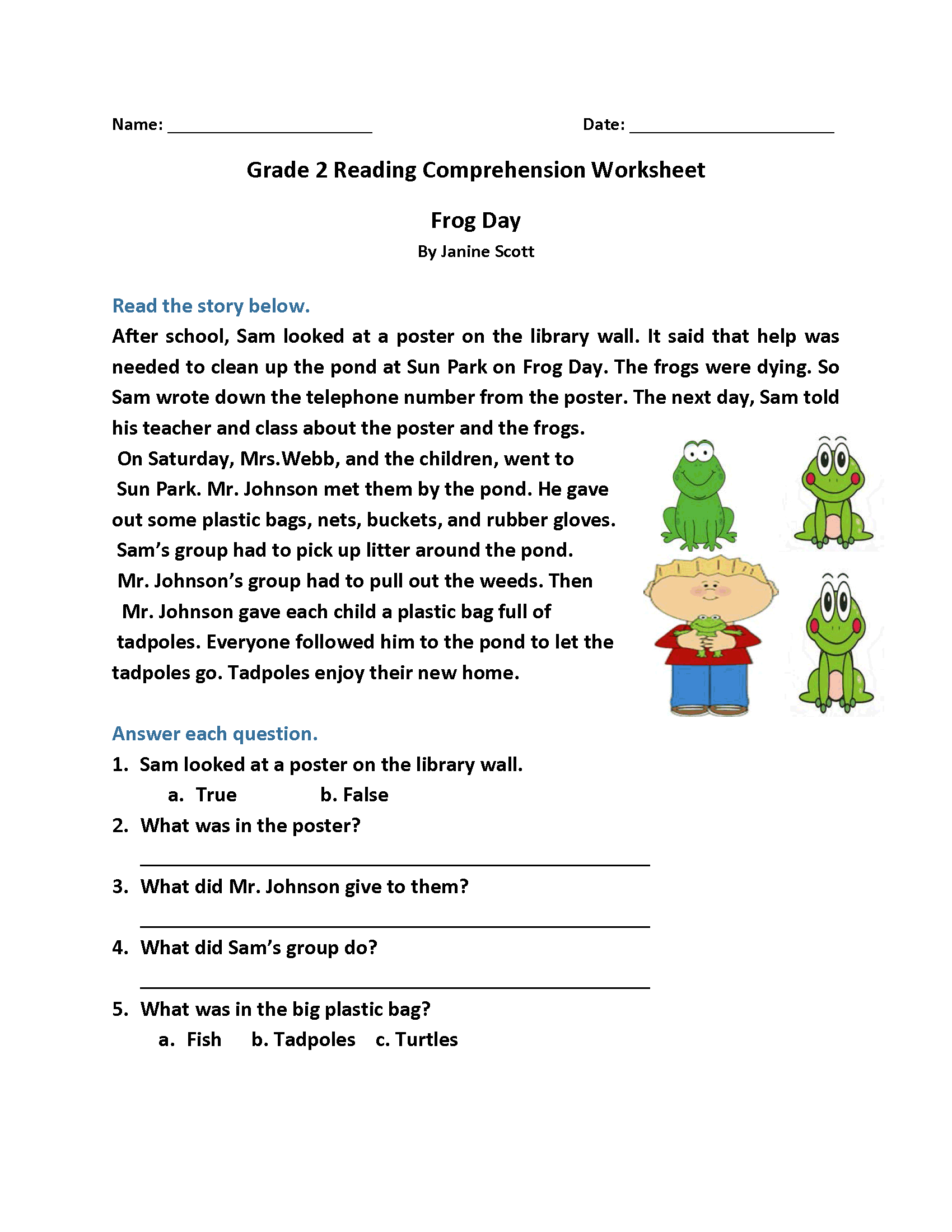 worksheet grade 2 reading comprehension