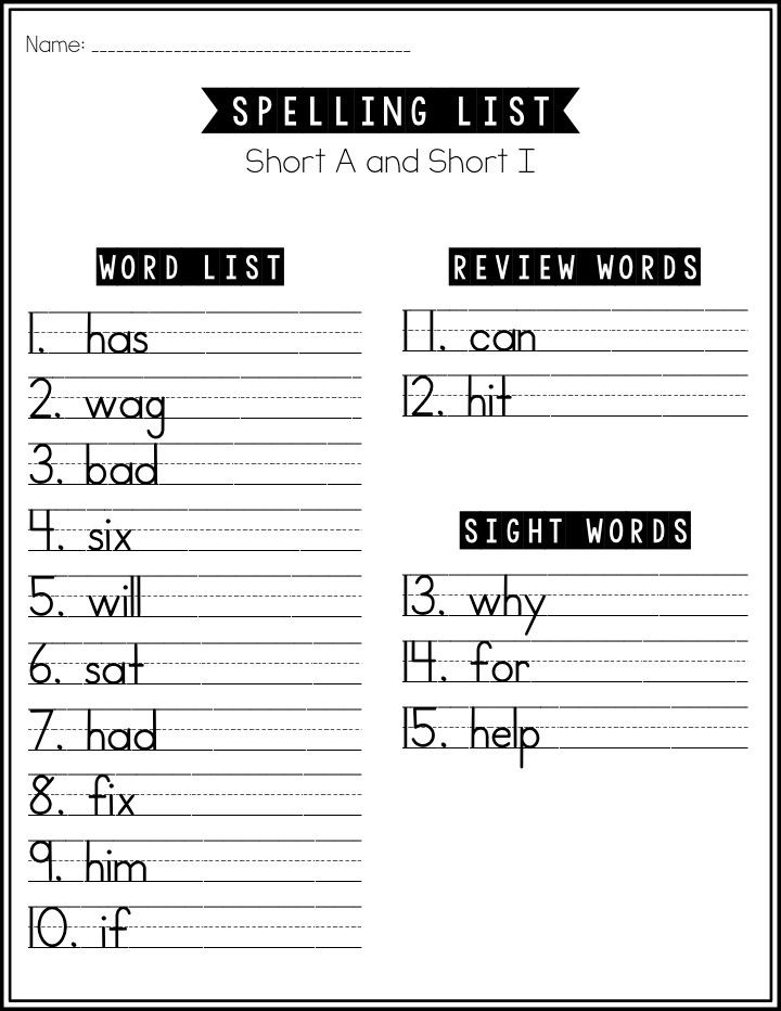 2nd Grade Spelling List Sheet