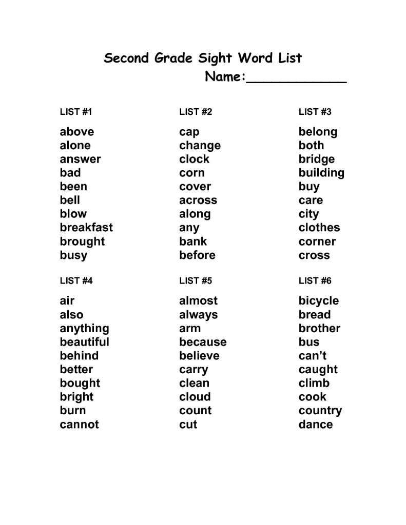 2nd Grade Spelling Word List