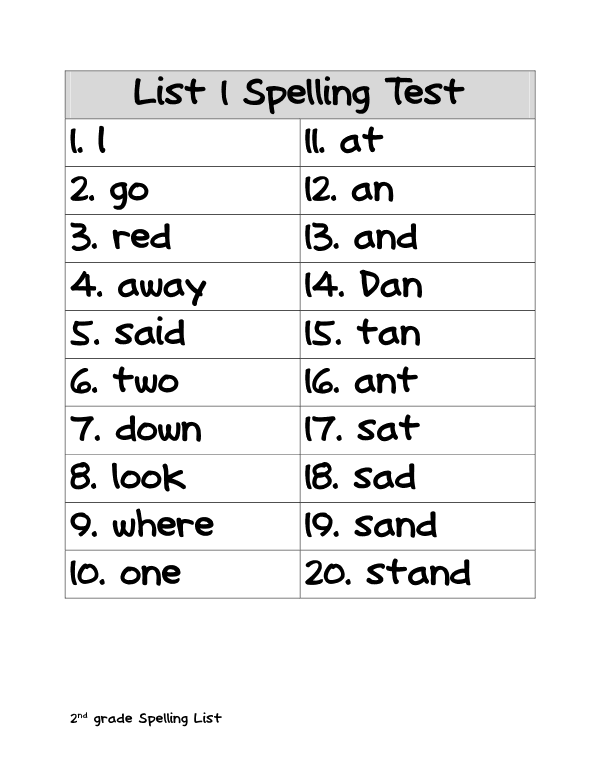 2nd Grade Spelling Words Test