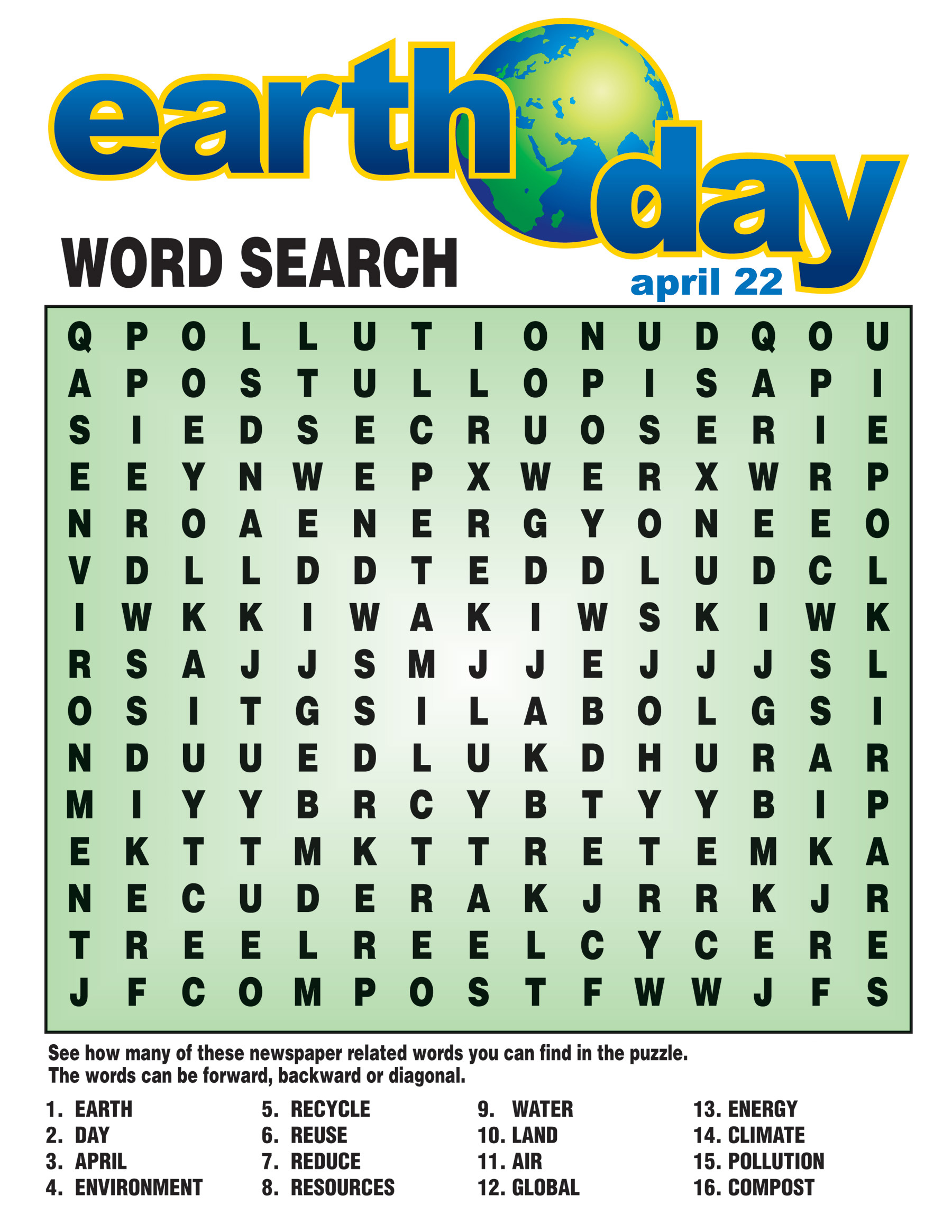 Earth Day Free Printable Word Search