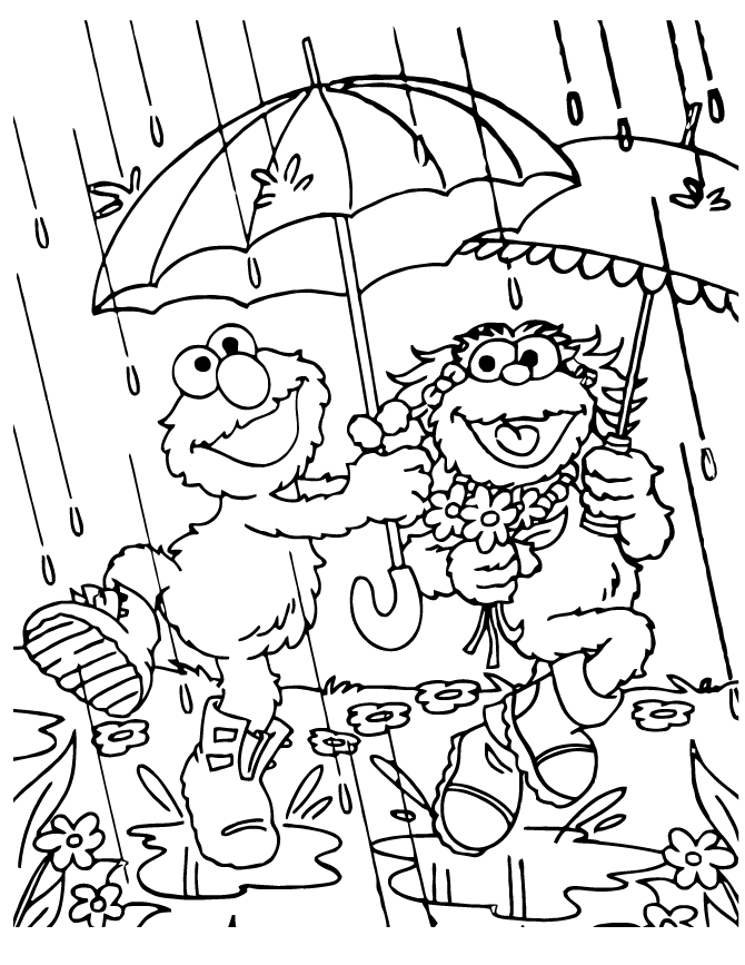 Elmo And Zoey April Showers Coloring Page