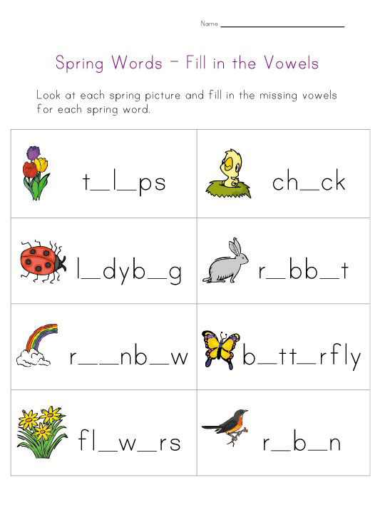 worksheets worksheet spring vowels vowel missing words kindergarten fill printable preschool word letter letters teaching english fun spelling reading ks1