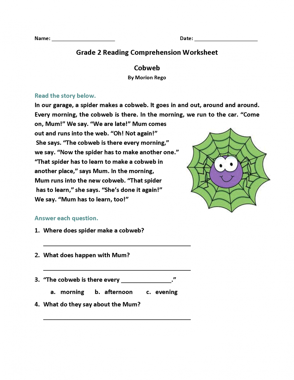 Reading Comprehension Worksheets For 2nd Grade Second Grade 2nd Grade 