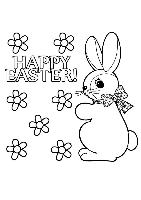 Happy Easter Bunny With Flowers Coloring Page