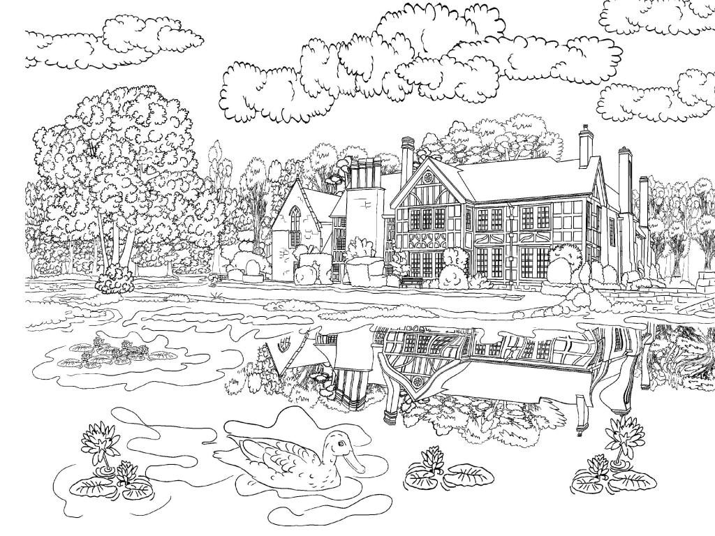 House and Pond Scene Coloring Page for Adults