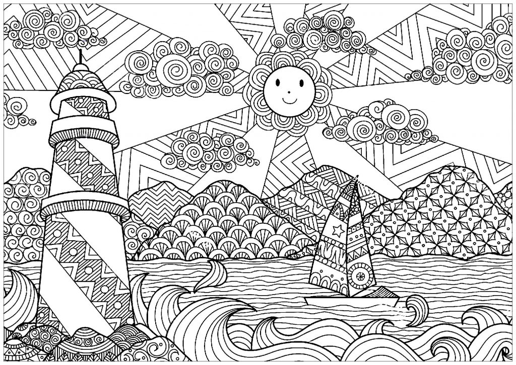 Lighthouse Scenery Coloring Page for Adults