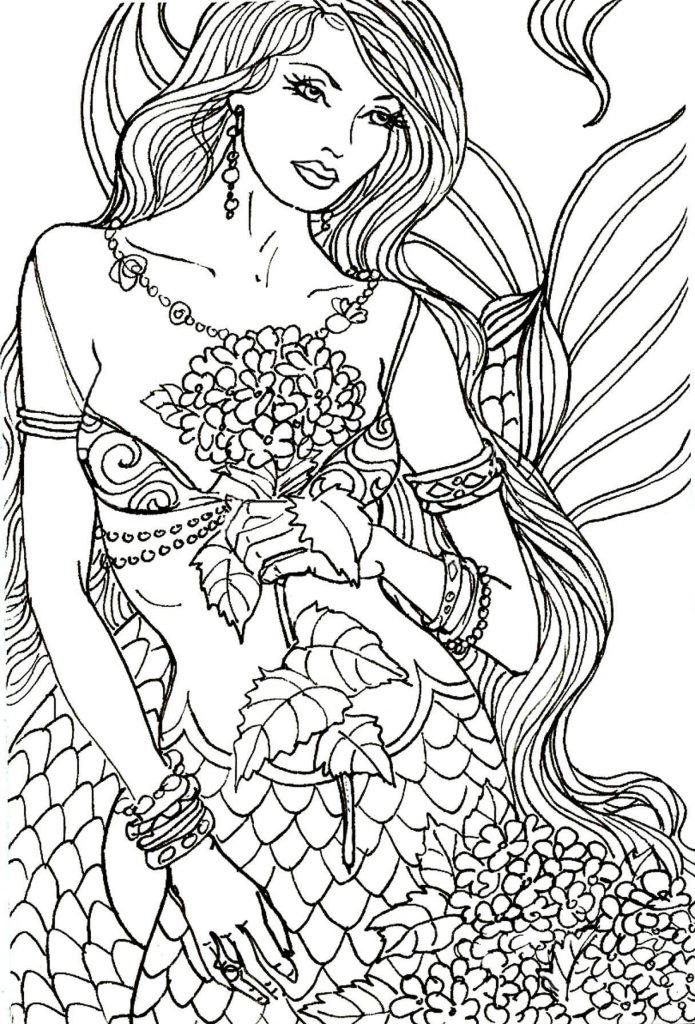 Mermaid with Flowers Adult Coloring