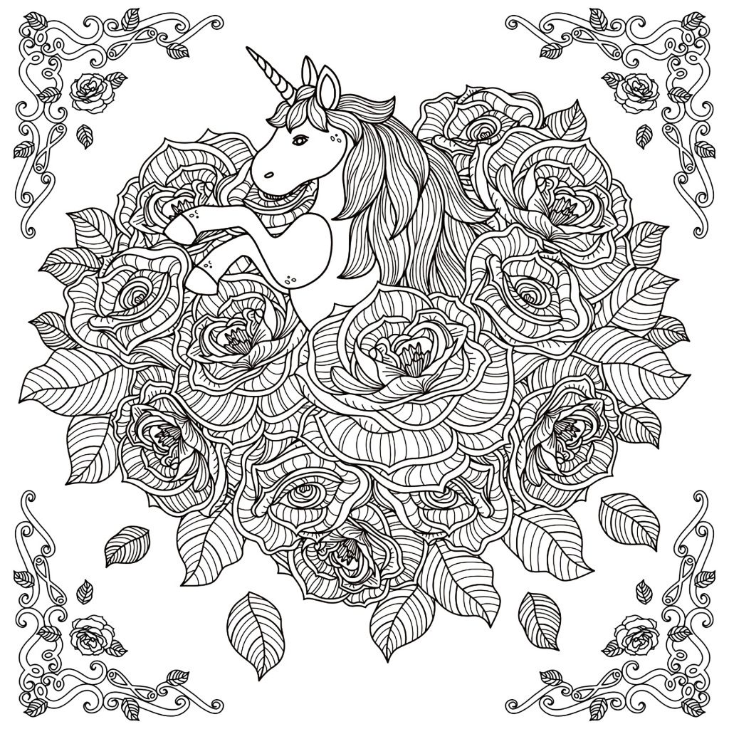 Unicorn in Flowers Coloring Page for Adults