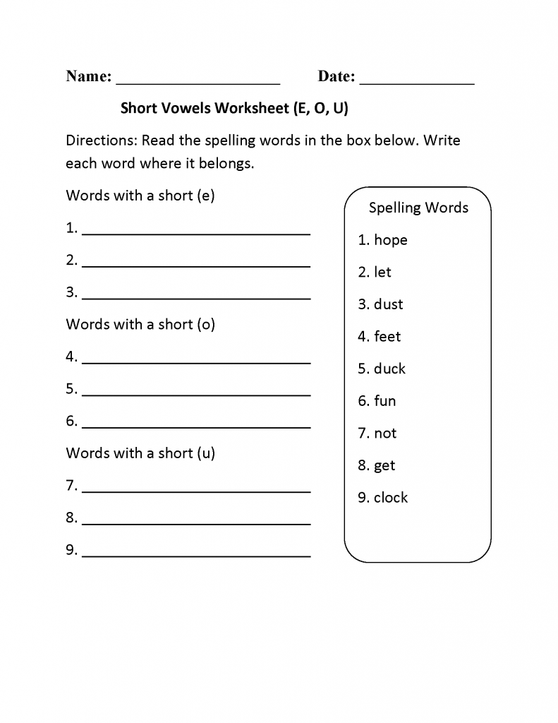 2nd Grade English Short Vowels Worksheet