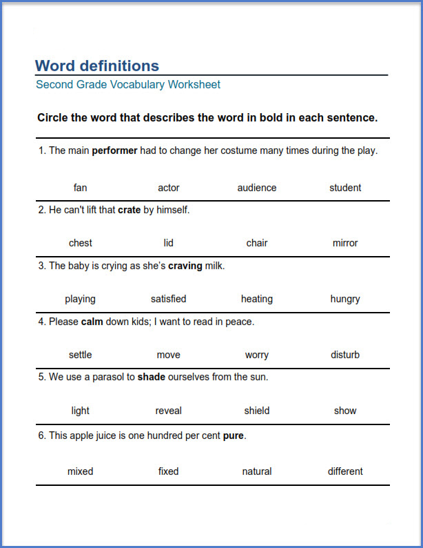 2nd Grade English Word Definition Worksheet