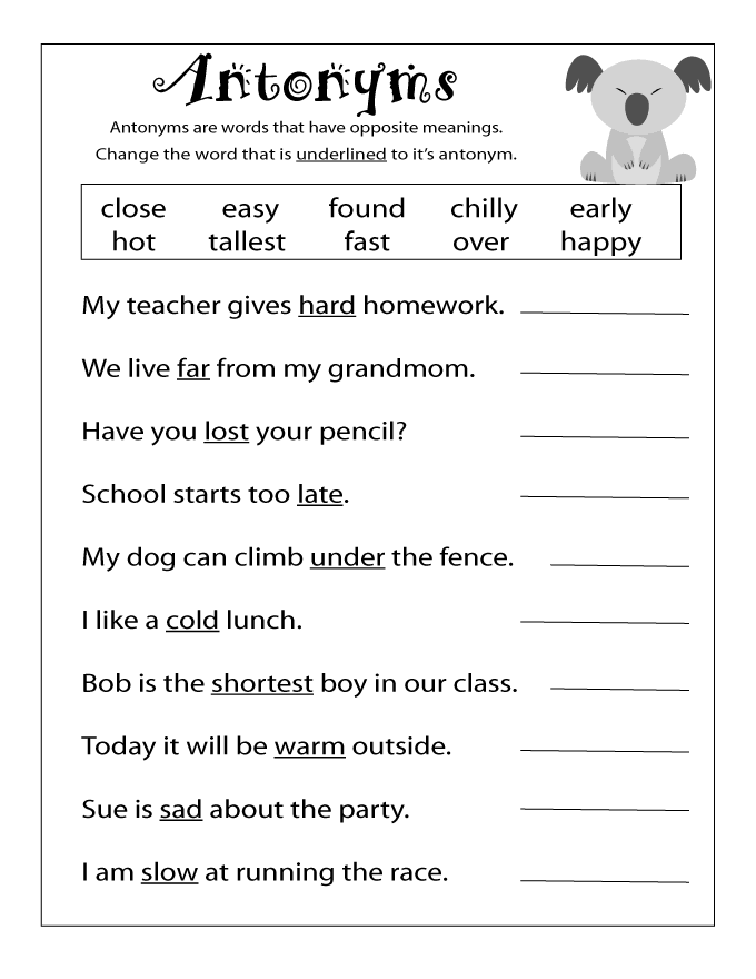 2nd Grade English Worksheets - Antonyms