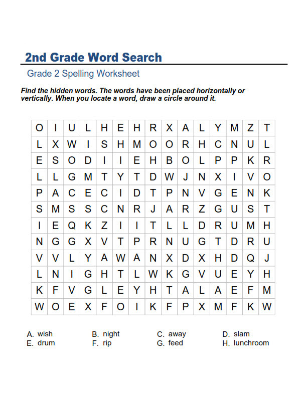 2nd Grade Spelling Word Search Sheet