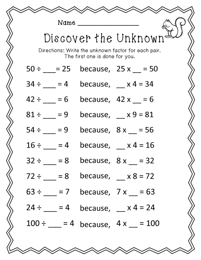 3rd Grade Math Worksheet Unknown Factors