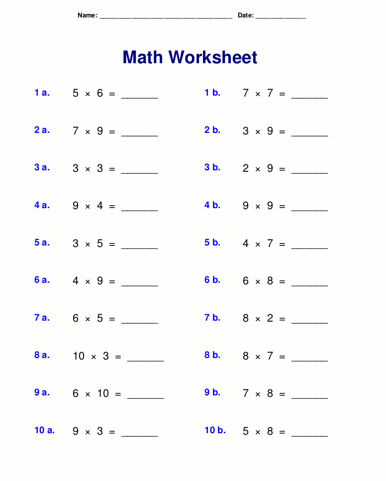 3rd Grade Multiplication Math Worksheet