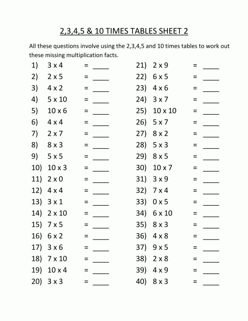 3rd Grade Multiplication Times Tables Worksheets