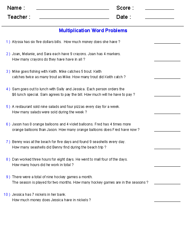 Multiplication Worksheets For 3rd Grade Word Problems