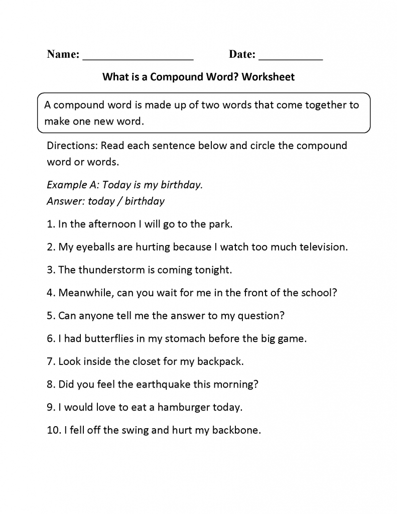 3rd Grade Worksheets Compound Words