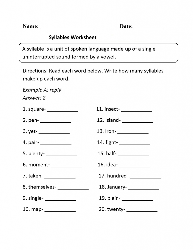 3rd Grade Worksheets Syllables