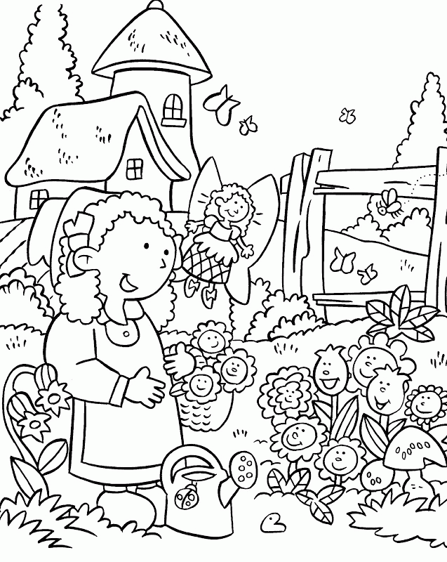 Watering The Flowers In May Coloring Page