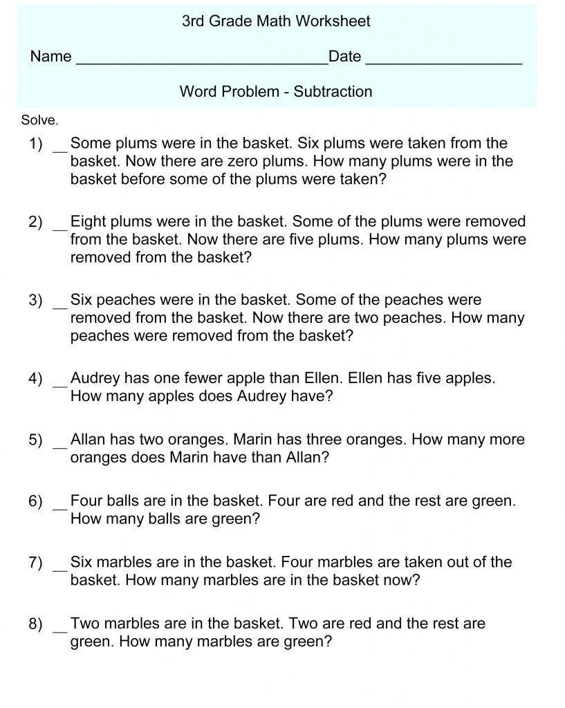 3rd Grade Math Printable Word Problems