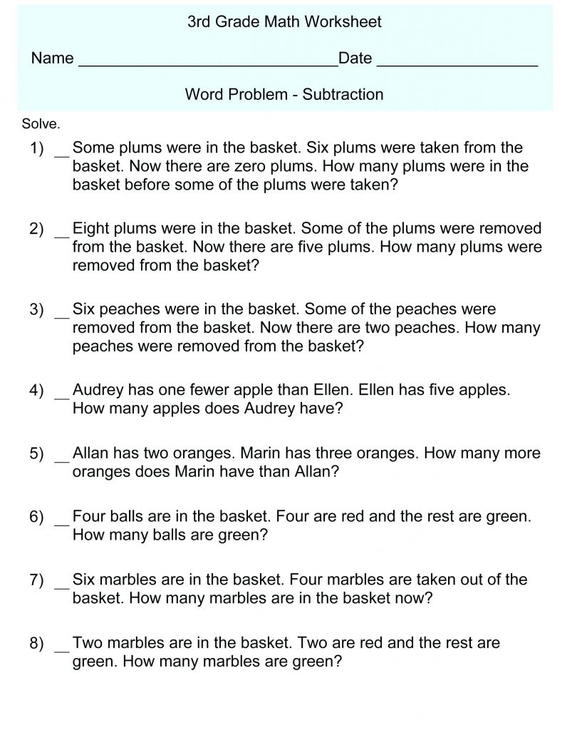 Free Printable Math Word Problem Worksheets For 3rd Grade