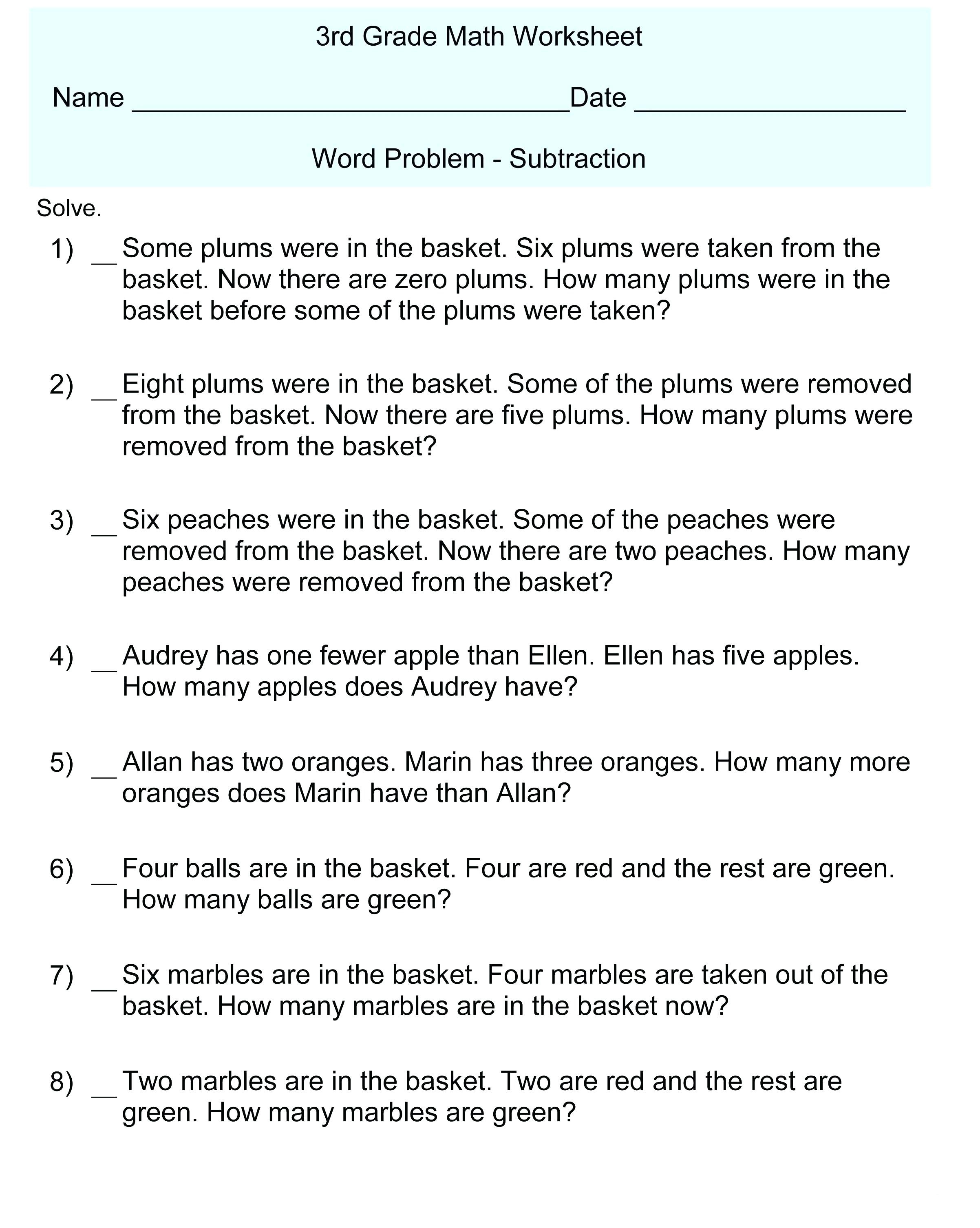 Free Printable Math Word Problems Worksheets For 4th Grade