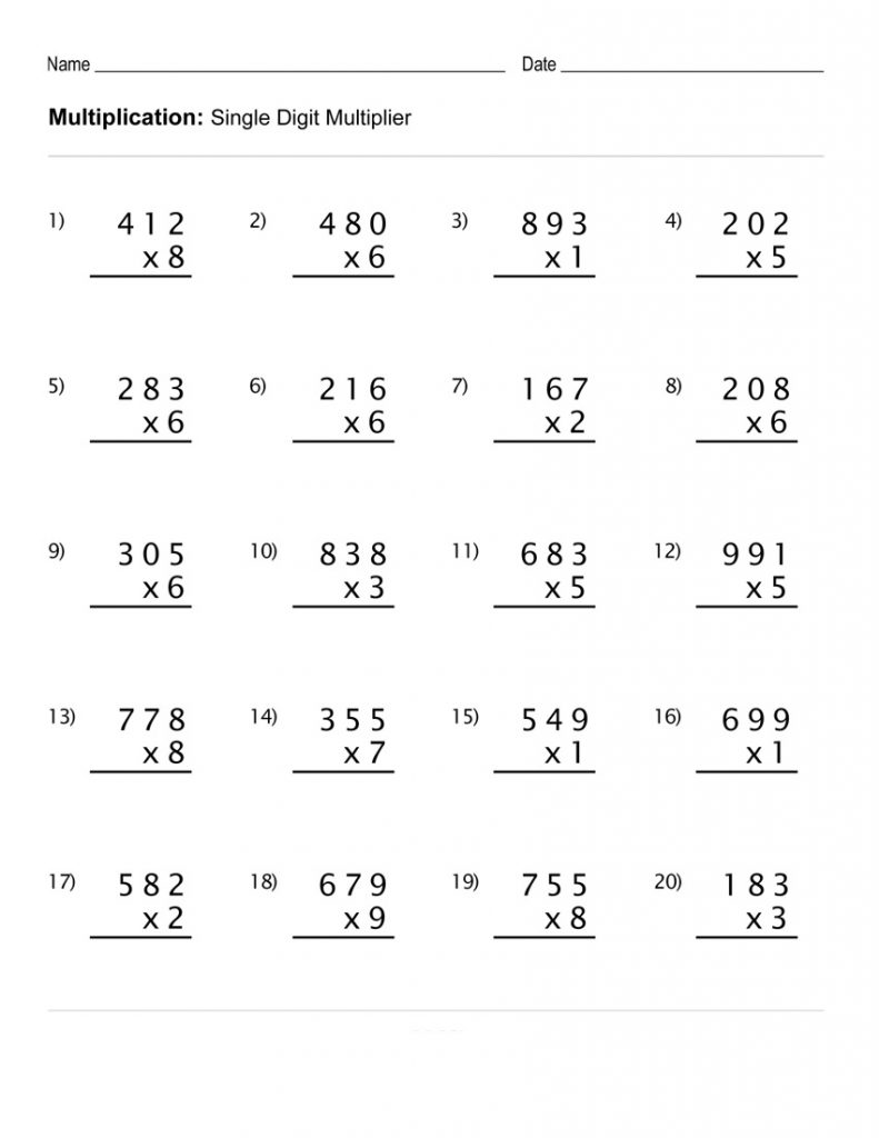 Printable Children's Multiplication - Single Digit Multiplier (S