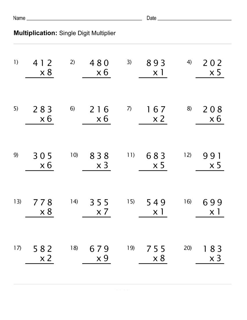 4th Grade Multiplication Math Worksheets