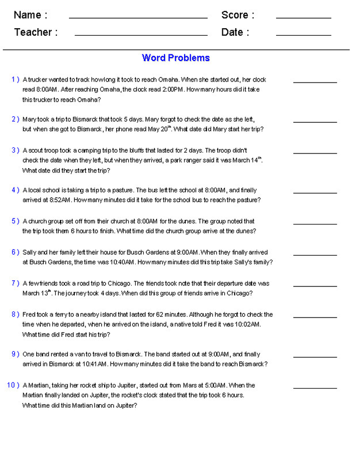 4th Grade Math Word Problem Sheet