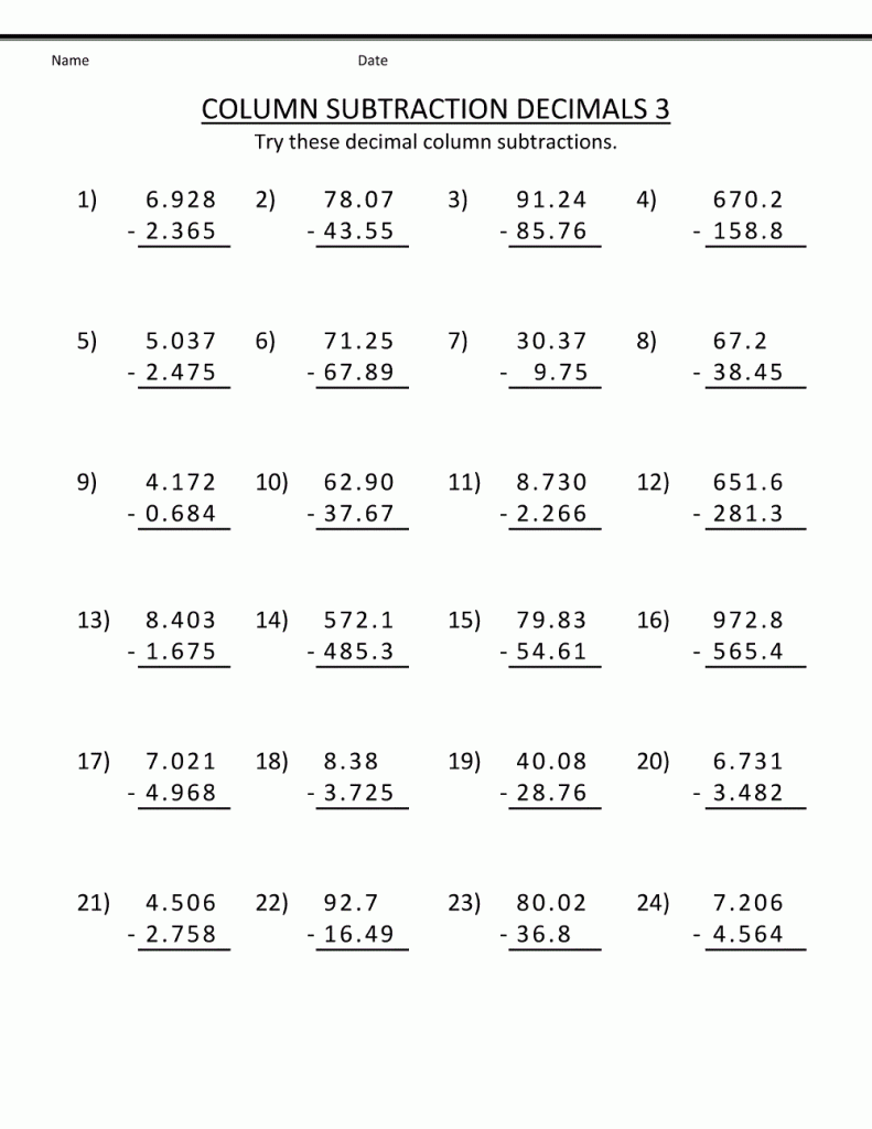 4th Grade Math Worksheet Decimal Subtraction