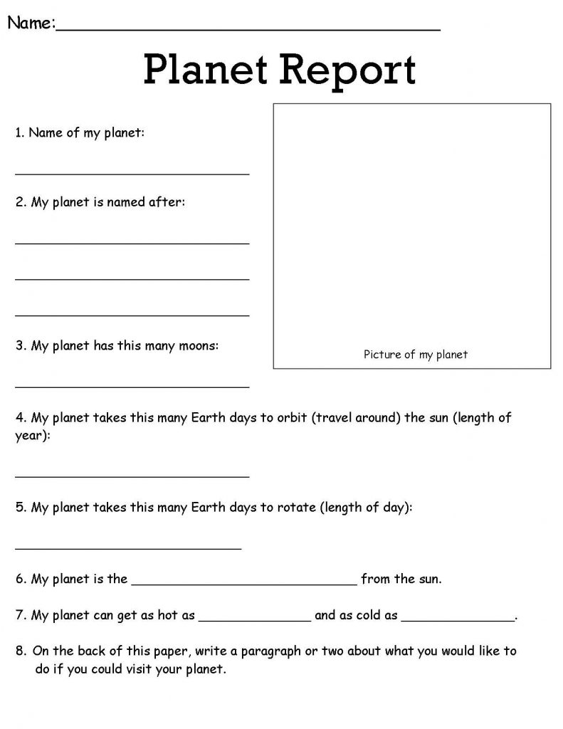 4th Grade Worksheets - Planet Report