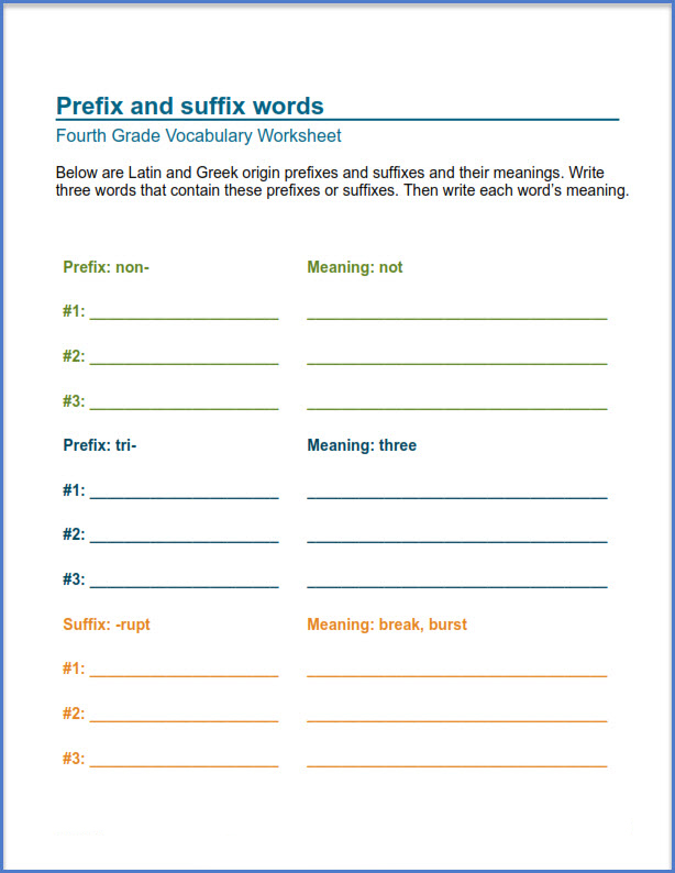 4th Grade Worksheets - Prefix and Suffix