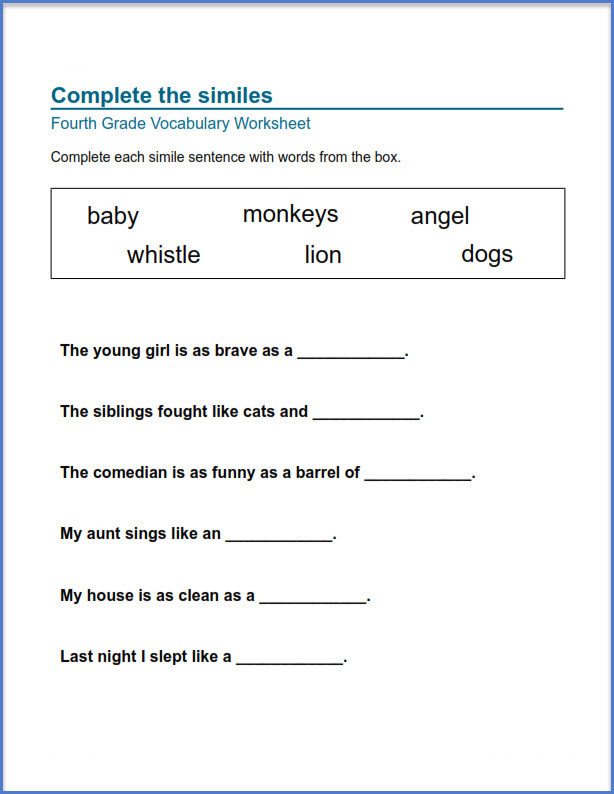 4th Grade Worksheets - Similies