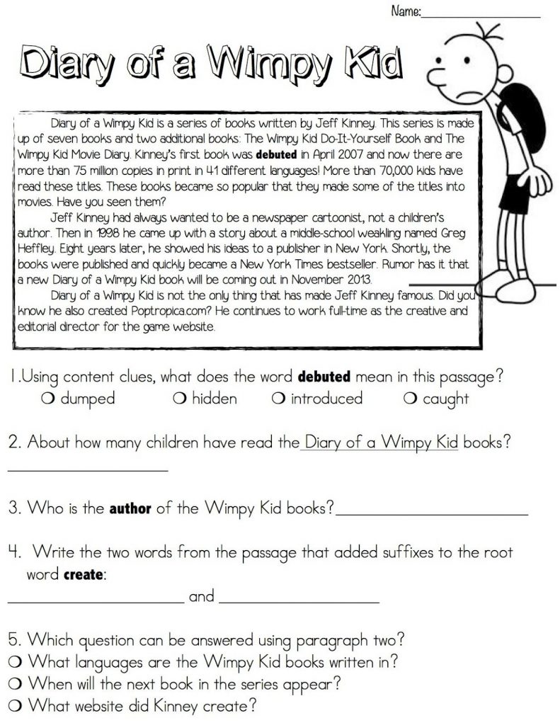 Diary of A Wimpy Kid Reading Worksheet