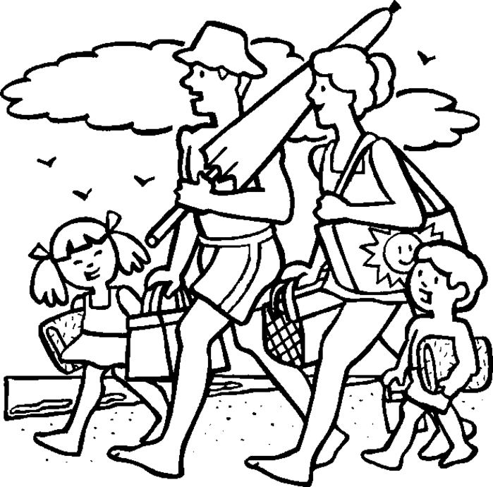 Family At Beach In Summer Coloring Page