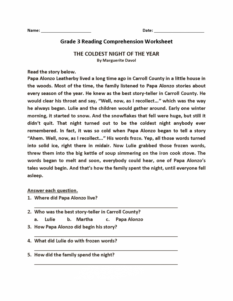 Grade 3 Reading and Answer Worksheet