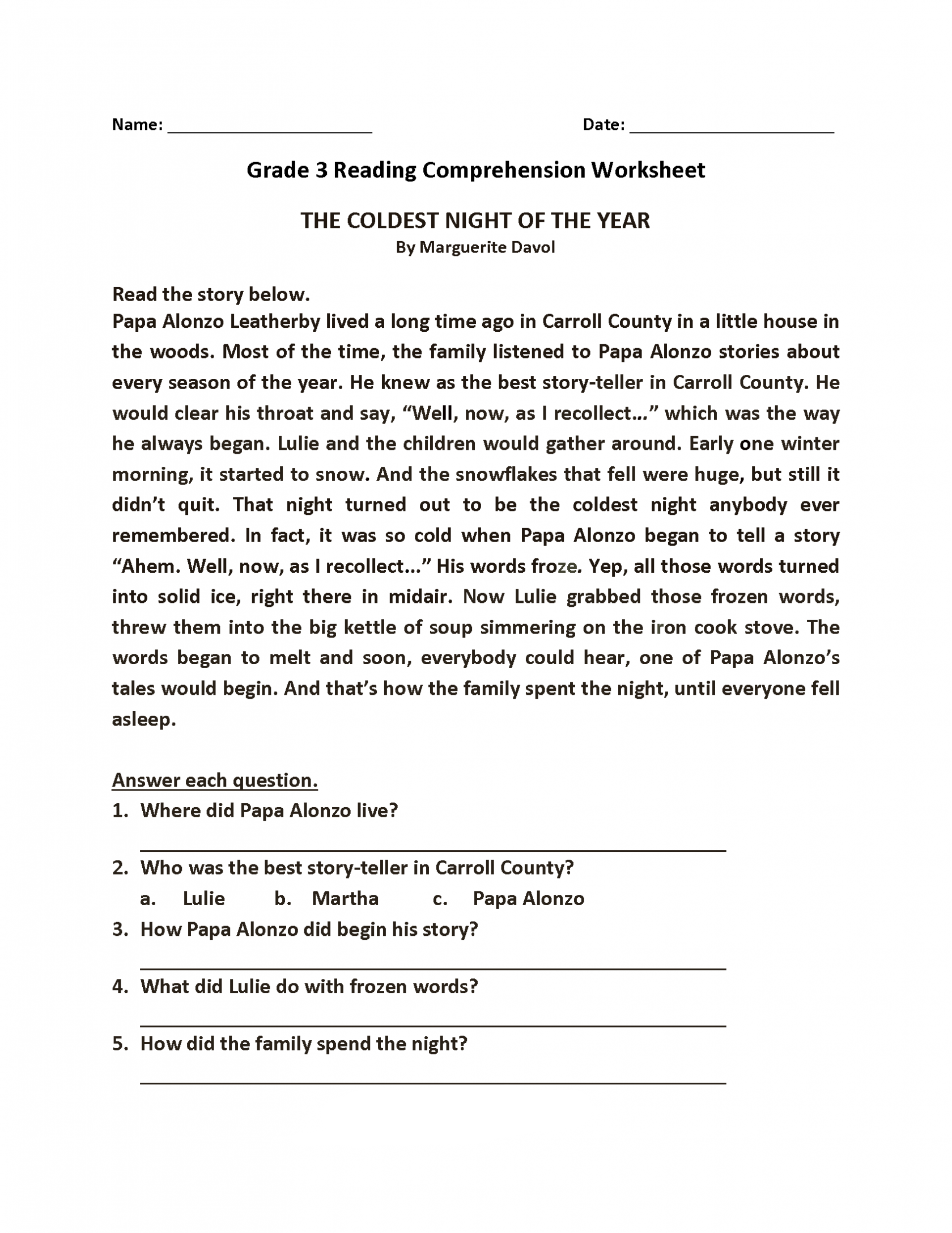 worksheet for grade 3 reading