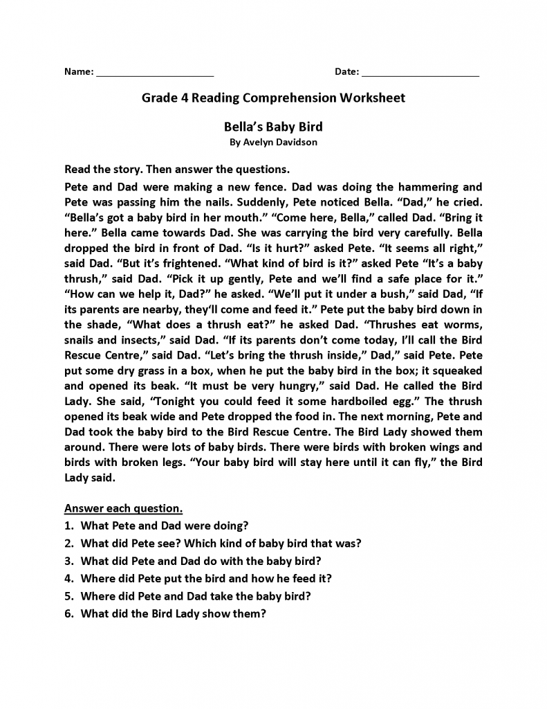 Grade 4 Reading Comprehension Worksheets