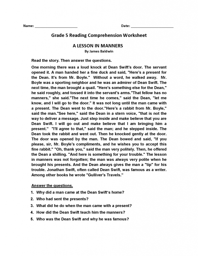 Grade 5 Reading Comprehension Worksheets